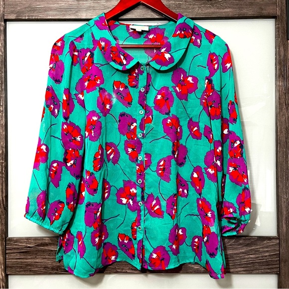 Modcloth Tops - Modcloth Vibrant L Floral Blouse Teal, Purple, Red Peter Pan Collar Cottagecore